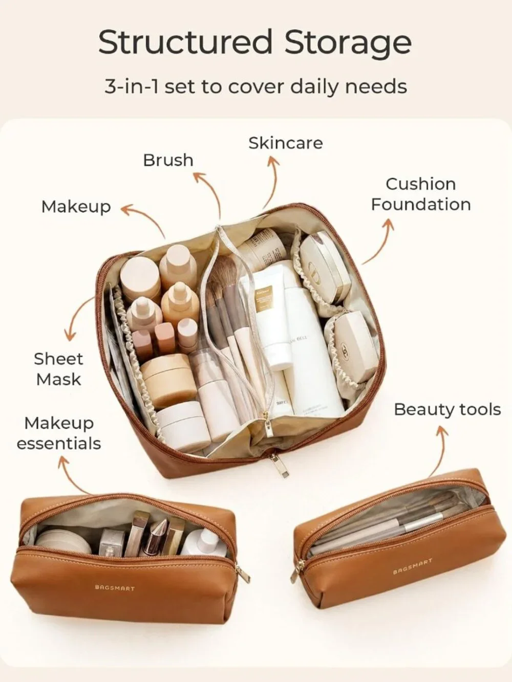 Travel Makeup Bag Set - 3 Pcs Cosmetic & Toiletry Organizer, Classic Brown